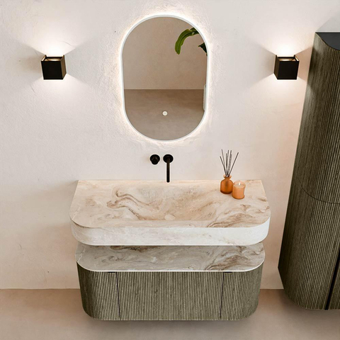 MONDIAZ THOR-DLUX 110cm meuble de salle de bains arrondi gauche + droite couleur Shadow avec 1 tiroir et 2 portes. Vasque suspendue CLOUD Milieu sans trou de robinet couleur Frappe. SW1462867