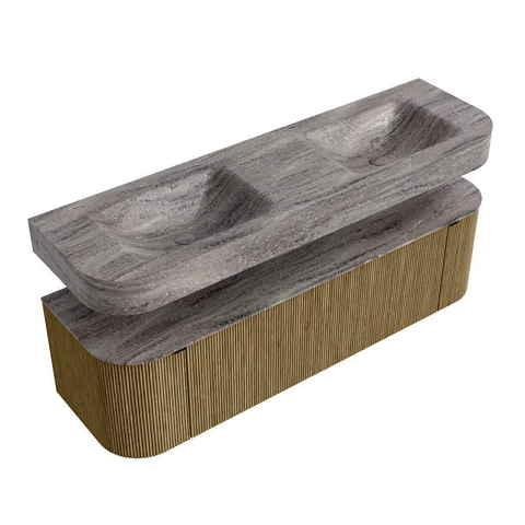 MONDIAZ THOR-DLUX 160cm meuble de salle de bains arrondi gauche + droite couleur Dusk avec 1 tiroir et 2 portes. Vasque suspendue CLOUD Double sans trou de robinet couleur Oza. SW1465312