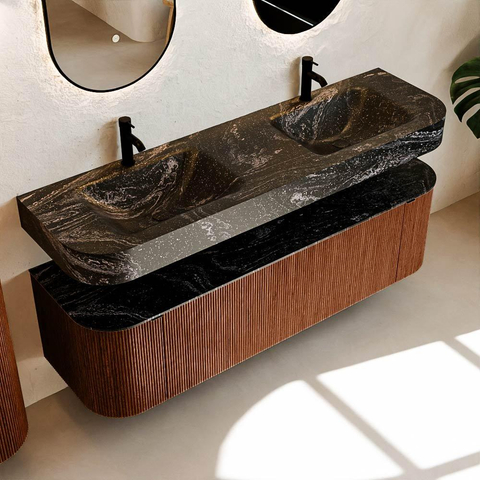 MONDIAZ THOR-DLUX 160cm meuble de salle de bains arrondi gauche + droite couleur Ruby avec 1 tiroir et 2 portes. Vasque suspendue CLOUD Double 2 trous de robinet couleur Lava. SW1465185