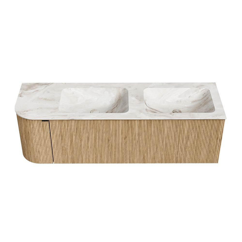 MONDIAZ KURVE-DLUX Meuble de salle de bains 145 cm avec module 25 L couleur Oak avec 1 tiroir et 1 porte. Lavabo LEAF double / à droite sans trou de robinet couleur Frappe. SW1137381