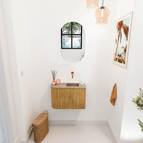 Mondiaz JOYA-DLUX 61.6cm toiletmeubel - ronding links kleur Oak - Wastafel FAYE positie Rechts Zonder kraangat kleur Arena. SW1423914