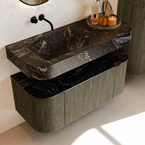 MONDIAZ THOR-DLUX 110cm meuble de salle de bains arrondi gauche + droite couleur Shadow avec 1 tiroir et 2 portes. Vasque suspendue CLOUD Gauche sans trou de robinet couleur Lava. SW1462905