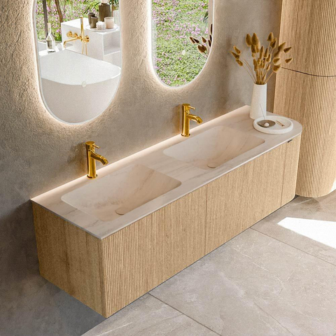 MONDIAZ KURVE-DLUX meuble de salle de bains 155 cm arrondi à droite couleur Chêne avec 2 tiroirs et 1 porte. Lavabo LEAF Double / Gauche 2 trous de robinet Meli. SW1431654