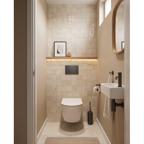 Pack WC QeramiQ Dely Swirl Compact - réservoir encastrable Geberit UP320 - avec bâti-support Burda - abattant slim - plaque de commande en pierre naturelle marbre foncé - boutons ronds - blanc brillant SW1592323