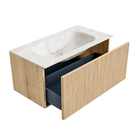 MONDIAZ KURVE-DLUX meuble de salle de bains 90cm couleur Oak avec 1 tiroir. Plan-vasque BIG SMALL central sans trou de robinet couleur Frappe. SW1137377