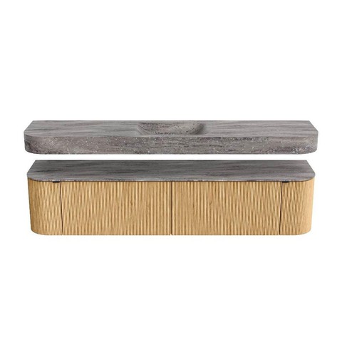 MONDIAZ THOR-DLUX 200cm meuble de salle de bains arrondi gauche + droite couleur Oak avec 2 tiroirs et 2 portes. Vasque suspendue CLOUD Milieu 1 trou de robinet couleur Oza. SW1467187