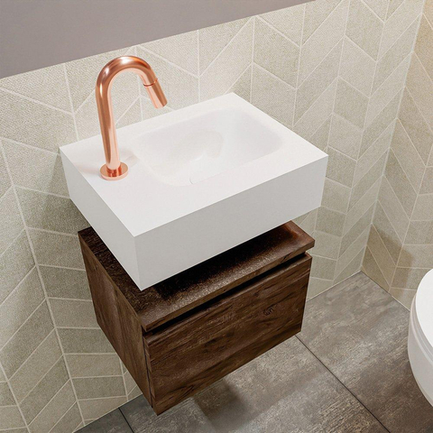 MONDIAZ ANDOR Toiletmeubel - 40x30x30cm - 1 kraangat - 1 lades - dark brown mat - wasbak rechts - Solid surface - Wit SW474291