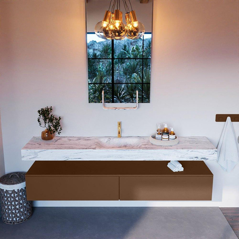 Mondiaz ALAN-DLUX Ensemble de meuble - 200cm - meuble Rust mat - 2 tiroirs - Lavabo Cloud Glace suspendu - vasque Centre - 1 trou de robinet SW805928