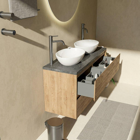 Saniclass Holz Pure Badkamermeubelset - 120x45x63cm - Noche basalten wastafelblad gepolijst (zwart) - 2 kraangaten - 4 lades - mat eiken natural (hout) SW1478581
