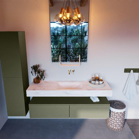 Mondiaz ALAN-DLUX Ensemble de meuble - 150cm - meuble - Army mat - 2 tiroirs - Lavabo Cloud Ostra suspendu - vasque Centre - 0 trous de robinet - Beige SW807770