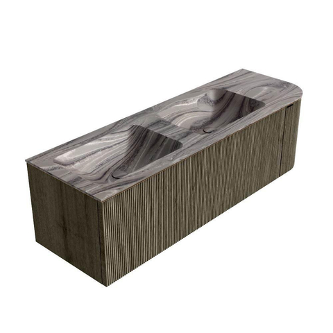 MONDIAZ KURVE-DLUX Meuble de salle de bains 145cm arrondi à droite couleur Shadow avec 1 tiroir et 1 porte. Lavabo LEAF Double / Gauche 2 trous de robinet Sombra. SW1433798