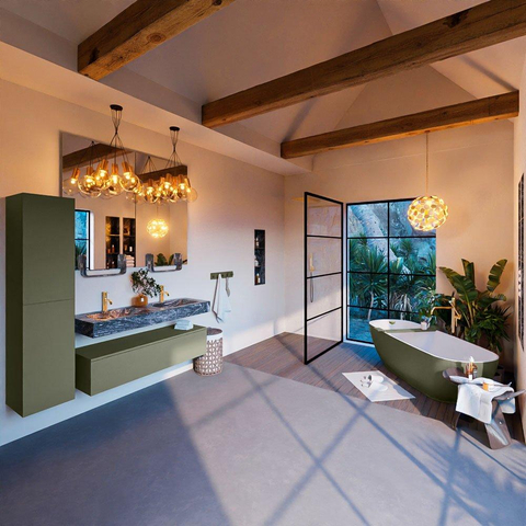 Mondiaz ALAN-DLUX Ensemble de meuble - 130cm - meuble Army mat - 1 tiroir - Lavabo Cloud Lava suspendu - vasque Gauche et droite - 2 trous de robinet SW808447