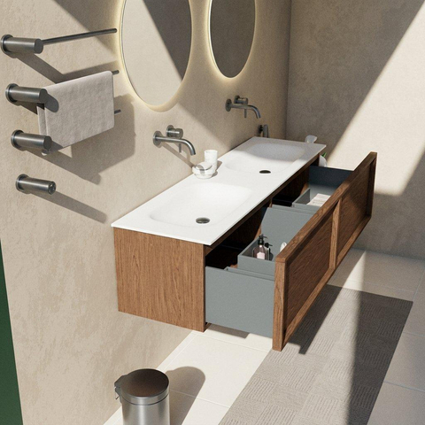 Saniclass Holz Frame Badkamermeubelset - 160x45x41.5cm - Flow solid surface wastafel wit - 2 wasbakken - zonder kraangaten - 2 lades - mat walnut pure (hout) SW1478454