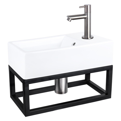 Differnz Force pack lave-mains – 40 x 22 x 11,5 cm – céramique blanche – robinet droit chromé mat – avec cadre noir SW373259