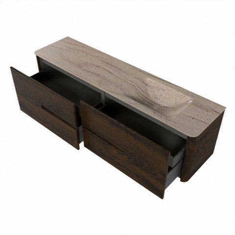 Mondiaz CIRO-DLUX Badkamermeubelset - 180x45x50cm - Solid surface wastafel Saba - 1 wasbak Rechts - 1 kraangat - 4 lades - Walnut SW1530698