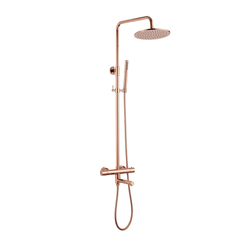 Fortifura Calvi Regendoucheset - thermostatisch - 25cm hoofddouche - metalen slang - staaf handdouche - draaibare baduitloop - geborsteld koper PVD SW1592523