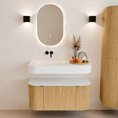 MONDIAZ THOR 100cm meuble de salle de bains arrondi gauche + droite couleur Oak avec 1 tiroir et 2 portes. Vasque suspendue CLOUD Gauche sans trou de robinet couleur Talc. SW1467340