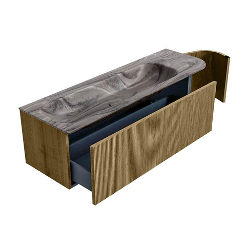 MONDIAZ KURVE-DLUX Meuble de salle de bains 145cm arrondi à droite couleur Dusk avec 1 tiroir et 1 porte. Lavabo BIG LARGE à gauche 2 trous de robinetterie Sombra. SW1433882