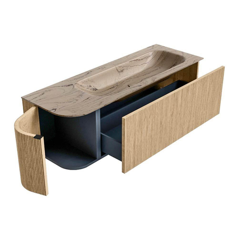 MONDIAZ KURVE-DLUX Meuble de salle de bains 135cm arrondi à gauche couleur Chêne avec 1 tiroir et 1 porte. Lavabo BIG MEDIUM à droite 1 trou de robinet Arena. SW1431129