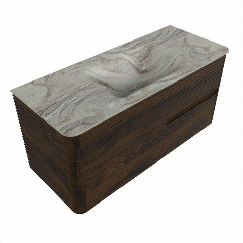 Mondiaz CIRO-DLUX Badkamermeubelset - 110x45x50cm - Solid surface wastafel Glace - 1 wasbak Midden - 1 kraangat - 2 lades - Walnut SW1530229