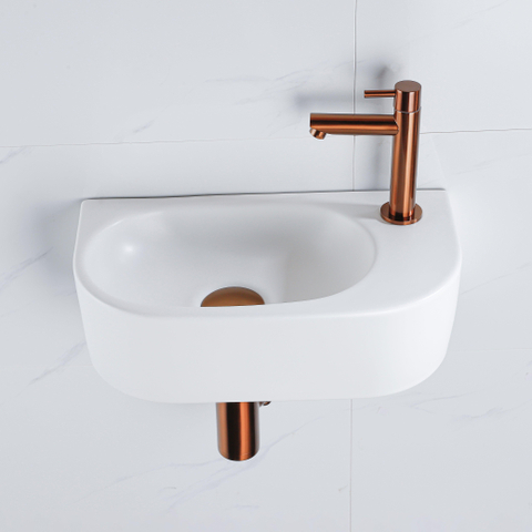QeramiQ Fuente pack lave-mains – 40 x 21,5 x 12 cm – céramique blanc mat – perçage à droite – robinet cuivre brossé SW1232836