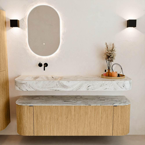 MONDIAZ THOR-DLUX 150cm badmeubel ronding links + rechts kleur Oak met 1 lade en 2 deuren. Vrijhangende wastafel CLOUD Links zonder kraangat kleur Glace. SW1464649