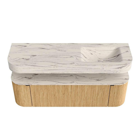 MONDIAZ THOR-DLUX 150cm badmeubel ronding links + rechts kleur Oak met 1 lade en 2 deuren. Vrijhangende wastafel CLOUD Rechts zonder kraangat kleur Nata. SW1464794