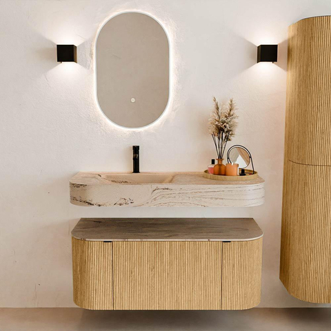 MONDIAZ THOR-DLUX 110cm meuble de salle de bains arrondi gauche + droite couleur Oak avec 1 tiroir et 2 portes. Vasque suspendue CLOUD gauche 1 trou de robinet couleur Arena. SW1462874