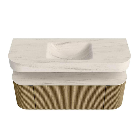 MONDIAZ THOR-DLUX Meuble de salle de bains - 130cm - arrondi gauche + droite - couleur Dusk - 1 tiroir - 2 portes - Vasque suspendue CLOUD Milieu sans trou de robinet - couleur Meli SW1463816