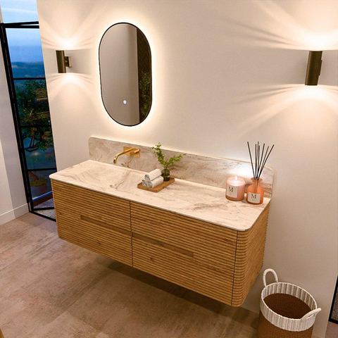 Mondiaz CIRO-DLUX Badkamermeubelset - 150x45x50cm - Solid surface wastafel Frappe - 1 wasbak Links - zonder kraangaten - 4 lades - Oak SW1530915