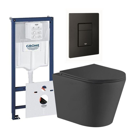 QeramiQ Dely Toiletset - Grohe inbouwreservoir - mat zwarte bedieningsplaat - rechthoek toilet - zitting - matte black (mat zwart) SW656916