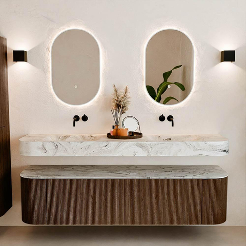 MONDIAZ THOR-DLUX 180cm meuble de salle de bains arrondi gauche + droite couleur Walnut avec 2 tiroirs et 2 portes. Vasque suspendue CLOUD Double sans trou de robinet couleur Glace. SW1465937