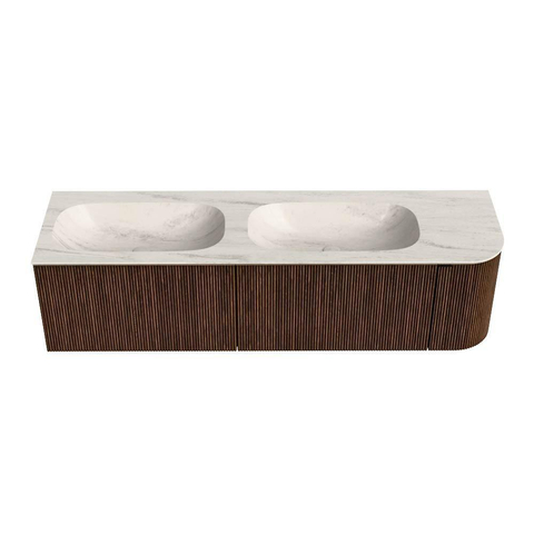 MONDIAZ KURVE-DLUX Meuble de salle de bains 165 cm arrondi à droite couleur Walnut avec 2 tiroirs et 1 porte. Lavabo STOR SMALL Double / Gauche 2 trous de robinet Meli. SW1431740