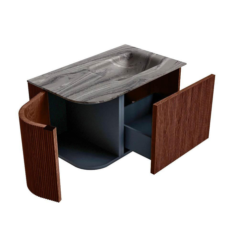 MONDIAZ KURVE-DLUX meuble de salle de bain 75cm arrondi à gauche couleur Ruby avec 1 tiroir et 1 porte. Lavabo GRUNNE à droite sans trou de robinetterie Sombra. SW1433916