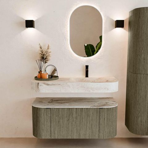 MONDIAZ THOR-DLUX 110cm badmeubel ronding links + rechts kleur Shadow met 1 lade en 2 deuren. Vrijhangende wastafel CLOUD Rechts 1 kraangat kleur Frappe. SW1462891