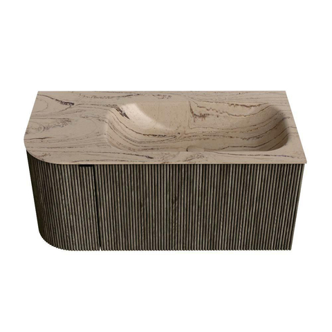 MONDIAZ KURVE-DLUX Meuble de salle de bains 95cm arrondi à gauche couleur Shadow avec 1 tiroir et 1 porte. Lavabo BIG SMALL à droite 1 trou de robinet Arena. SW1431277