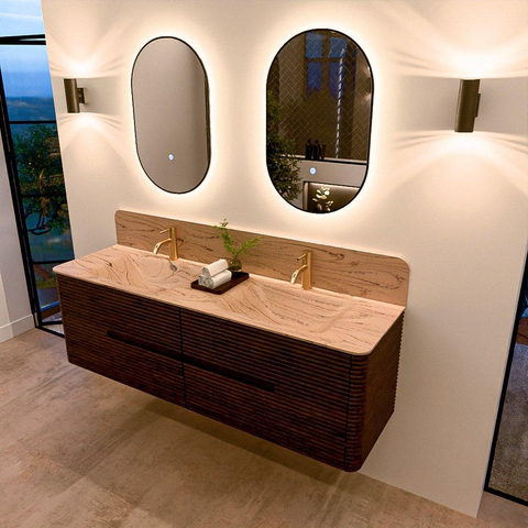 Mondiaz CIRO-DLUX Badkamermeubelset - 160x45x50cm - Solid surface wastafel Arena - 2 wasbak Dubbel - 2 kraangaten - 4 lades - Walnut SW1530454