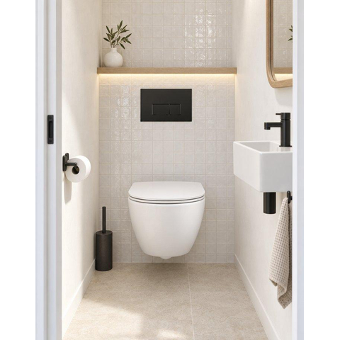 Pack WC QeramiQ Dely Swirl Compact - réservoir encastrable Geberit UP320 - avec bâti-support Burda - abattant slim - plaque de commande en métal noir mat - boutons rectangulaires - blanc mat SW1595636