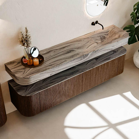 MONDIAZ THOR-DLUX Meuble de salle de bains - 200cm - arrondi gauche + droite - couleur Walnut - 2 tiroirs et 2 portes - Vasque suspendue CLOUD Droite sans trou de robinet - couleur Sombra SW1467270