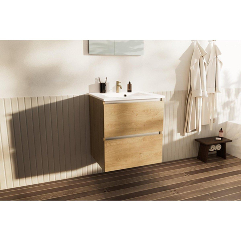 Nemo Go Ensemble de meuble - 60x65x45.5cm - 2 tiroirs - sans poignée - 1 vasque Blanc brillant - 1 trous de robinet - avec miroir - MDF Riverside Oak SW911701