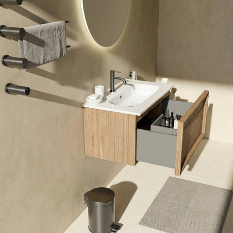 Saniclass Holz Frame Badkamermeubelset - 80x45x53.9cm - Chaci keramische wastafel wit - 1 wasbak - 1 kraangat - 1 lade - mat eiken natural (hout) SW1478805