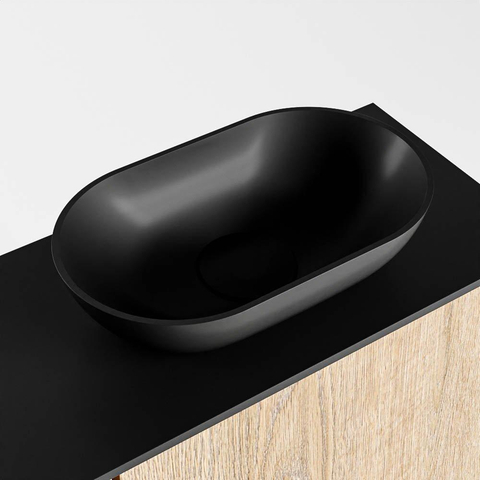 Mondiaz Fowy meuble de toilette - 80x50x23cm - chêne blanchi mat - 0 trous de robinet - lavabo à droite - 2 portes - solid surface - plan Mélamine - lavabo : noir SW761458