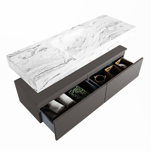 Mondiaz ALAN-DLUX Ensemble de meuble - 130cm - meuble Dark grey mat - 2 tiroirs - Lavabo Cloud Glace suspendu - vasque Centre - 0 trous de robinet SW805579