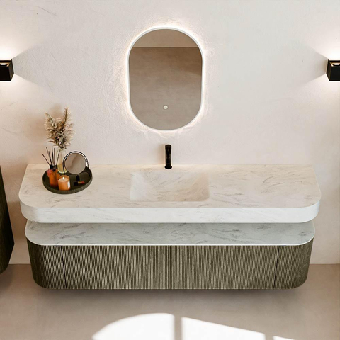 MONDIAZ THOR-DLUX Meuble de salle de bains - 190cm - arrondi gauche + droite - couleur Shadow - 2 tiroirs - 2 portes - Vasque suspendue CLOUD Milieu 1 trou de robinet - couleur Opalo SW1466577