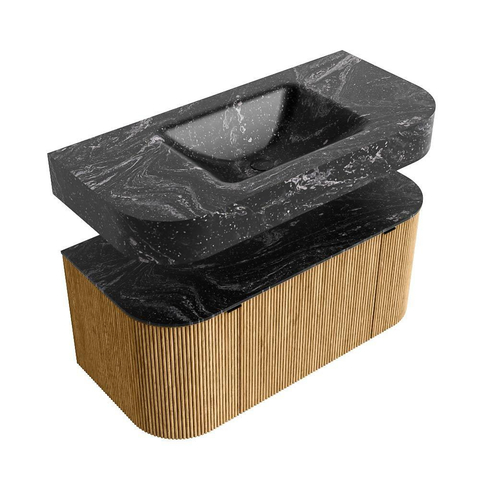 MONDIAZ THOR-DLUX 100cm meuble de salle de bains arrondi gauche + droite couleur Chêne avec 1 tiroir et 2 portes. Vasque suspendue CLOUD Milieu 1 trou de robinet couleur Lava. SW1467307
