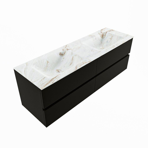 MONDIAZ VICA-DLUX Ensemble meuble de salle de bains - 150cm - meuble bas Urban - 4 tiroirs - vasque encastrée Cloud double - sans trous de robinet - version haute 60cm - Frappe SW1088693