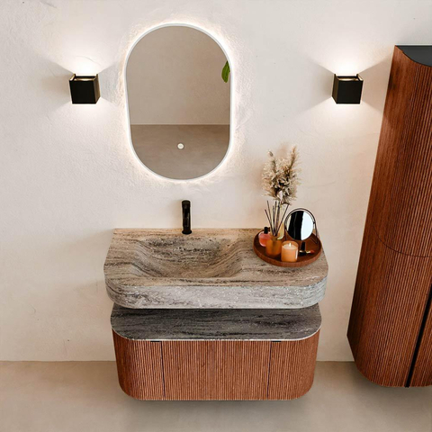 MONDIAZ THOR-DLUX 100cm meuble de salle de bains arrondi gauche + droite couleur Ruby avec 1 tiroir et 2 portes. Vasque suspendue CLOUD Gauche 1 trou de robinet couleur Oza. SW1467542