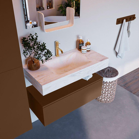 Mondiaz ALAN-DLUX Ensemble de meuble - 90cm - meuble Rust mat - 1 tiroir - Lavabo Cloud Ostra suspendu - vasque Centre - 1 trou de robinet SW807448
