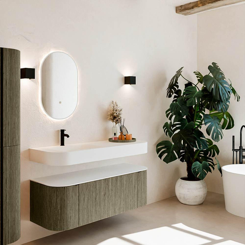 MONDIAZ THOR Meuble de salle de bains 130cm arrondi gauche + droite couleur Shadow avec 1 tiroir et 2 portes. Vasque suspendue CLOUD Gauche 1 trou de robinet couleur Talc. SW1463701