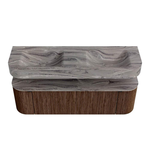 MONDIAZ THOR-DLUX 150cm meuble de salle de bains arrondi gauche + droite couleur Walnut avec 1 tiroir et 2 portes. Vasque suspendue CLOUD Double sans trou de robinet couleur Sombra. SW1464909